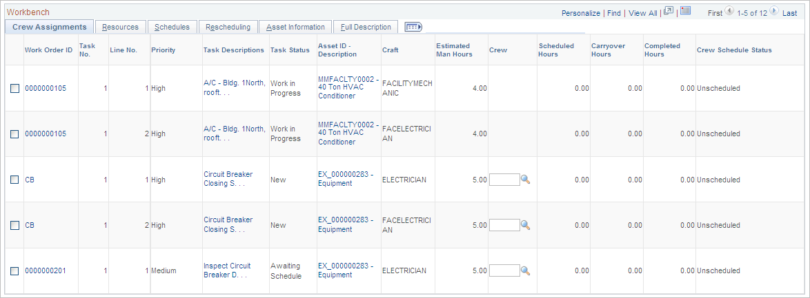 Crew Scheduling Workbench page: Crew Assignments tab