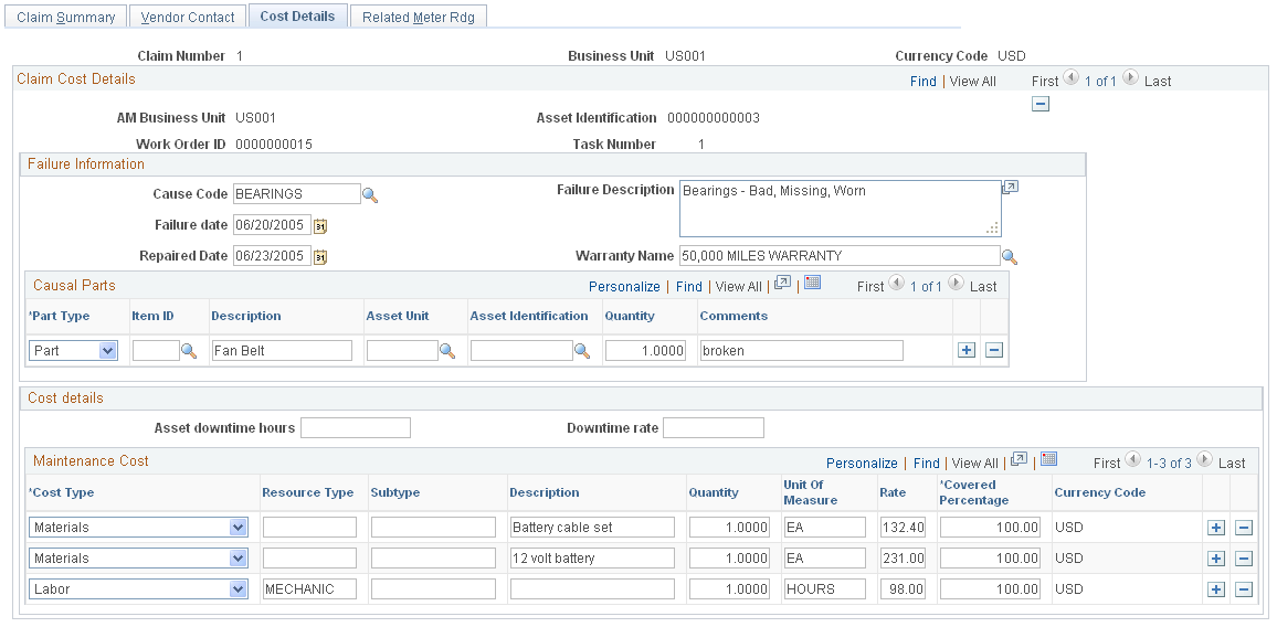 Warranty Claim - Cost Details page