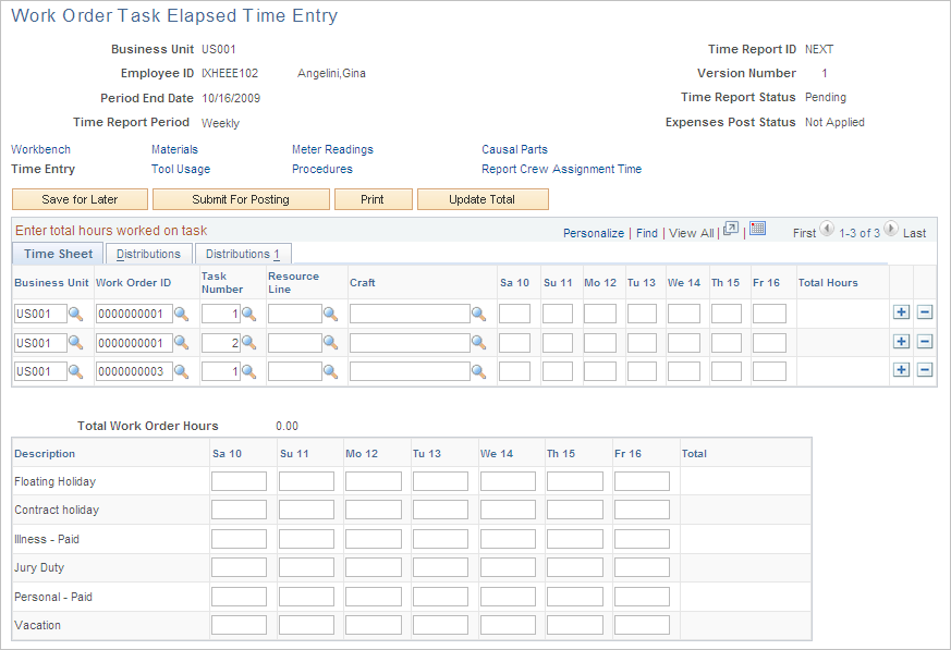 Work Order Task Punch Time Entry page