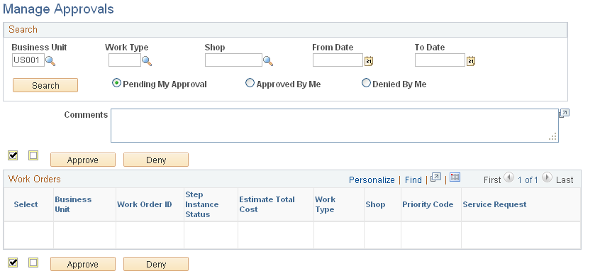 Manage Approvals page