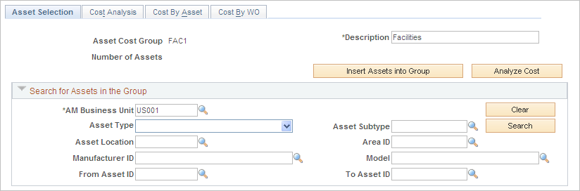 Asset Maintenance Cost Inquiry - Asset Selection page (1 of 2)