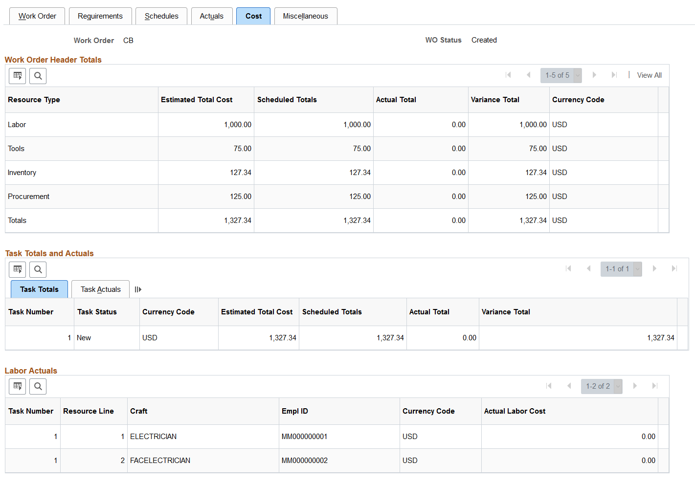 Work Order - Cost page (1 of 2)