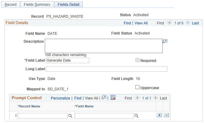 Define Record - Fields Detail page