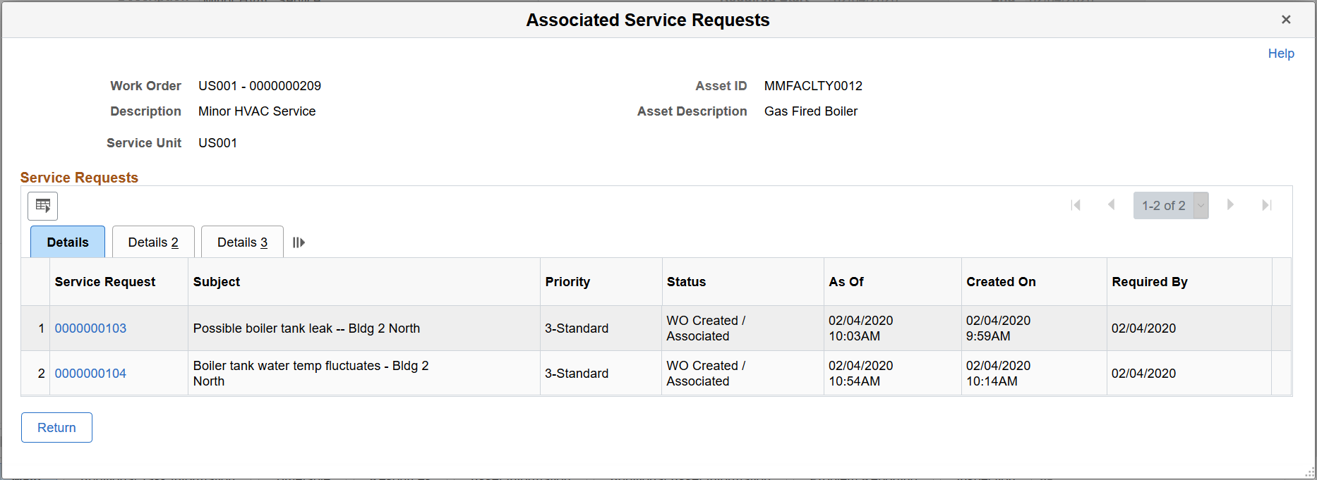 Associated Service Requests page