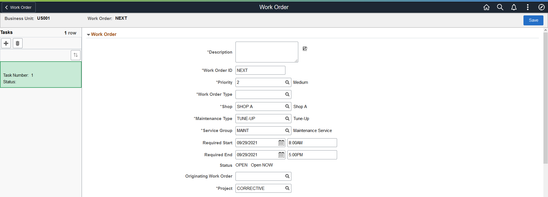 Add Work Order page (1 of 3)