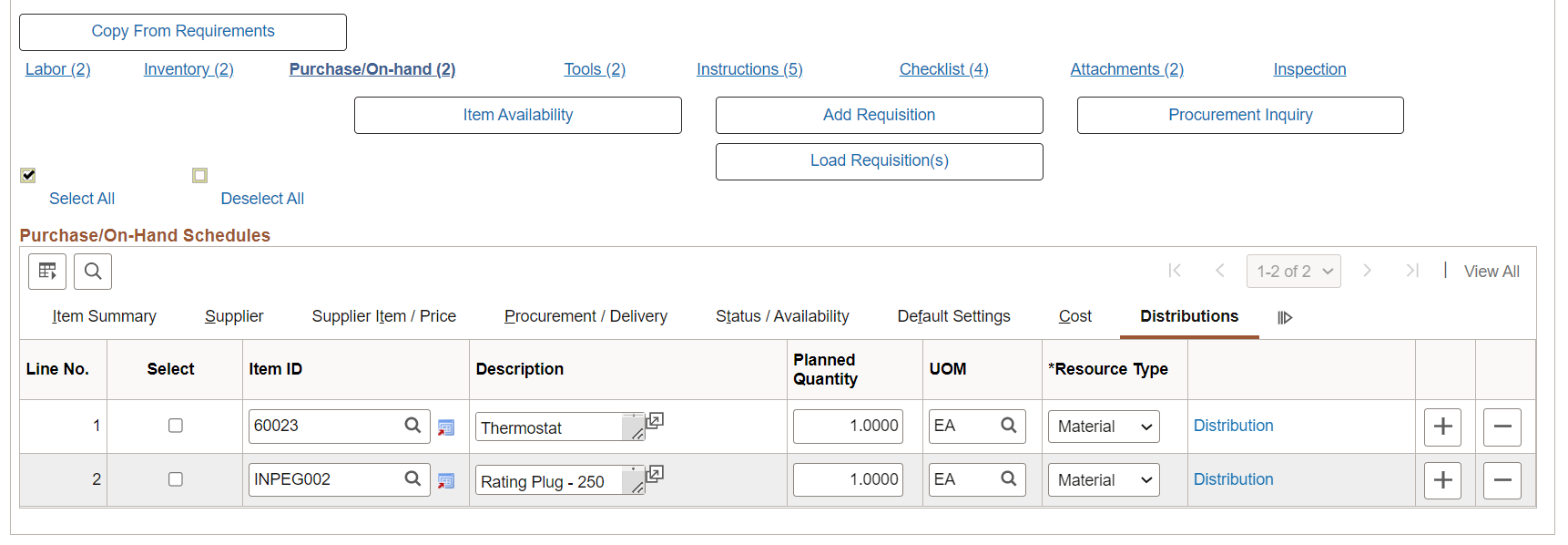 Purchase/On-Hand Schedules Distributions tab on Schedules page