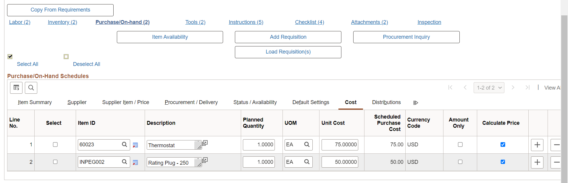 Purchase/On-Hand Schedules - Cost Tab