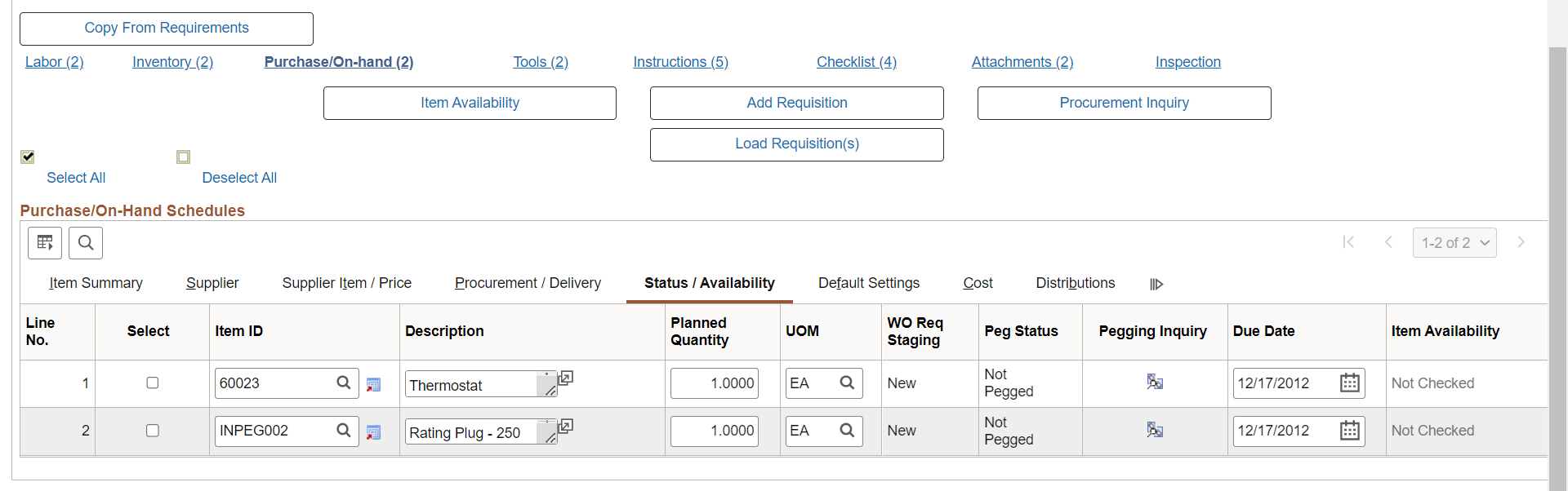 Purchase/On-Hand Schedules - Status/Availability tab