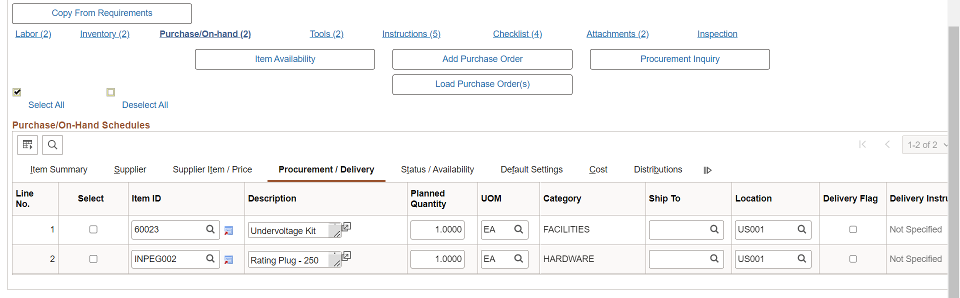 Purchase/On-Hand Schedules - Procurement/Delivery Tab