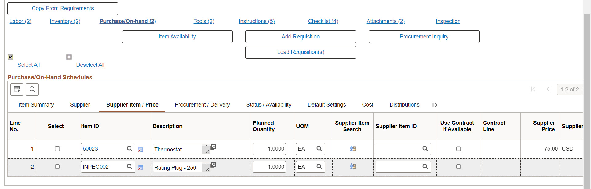 Purchase/On-Hand Schedules - Supplier Item Price