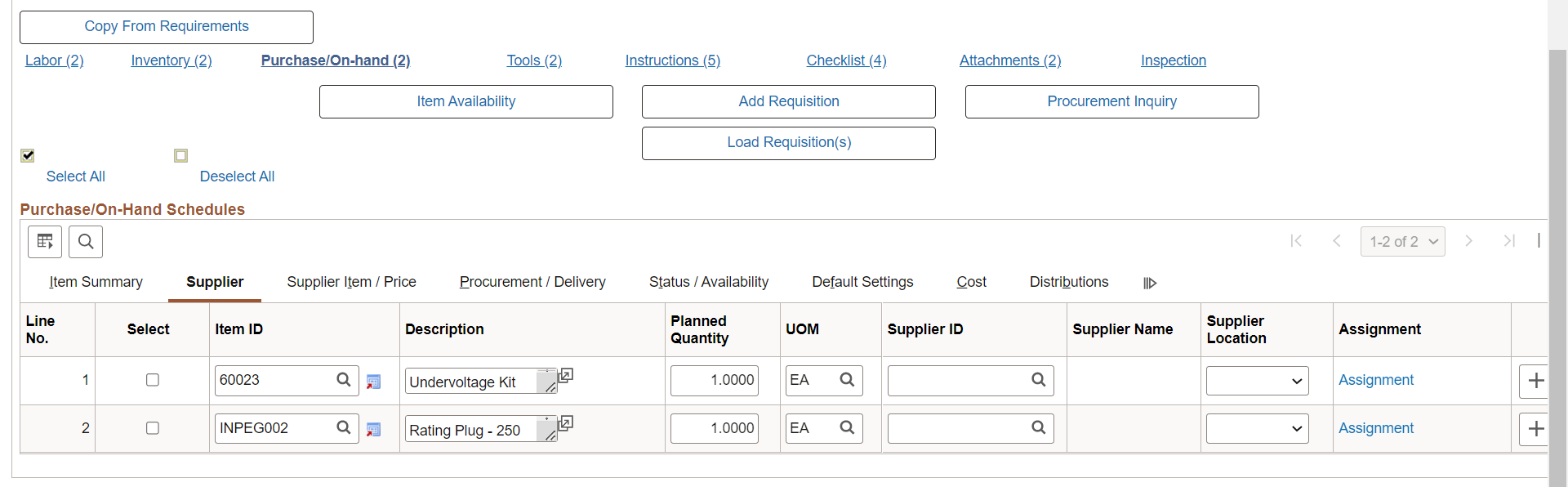 Purchase/On-Hand Schedules - Supplier Tab