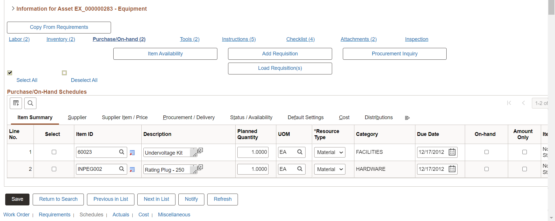 Schedules page - Purchase/On-Hand Schedules (2 of 2)