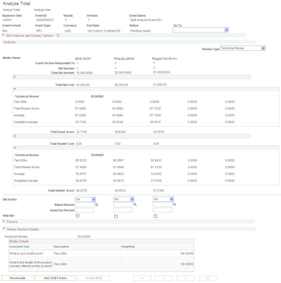 Analyze Total page, pending award after split analysis collaboration