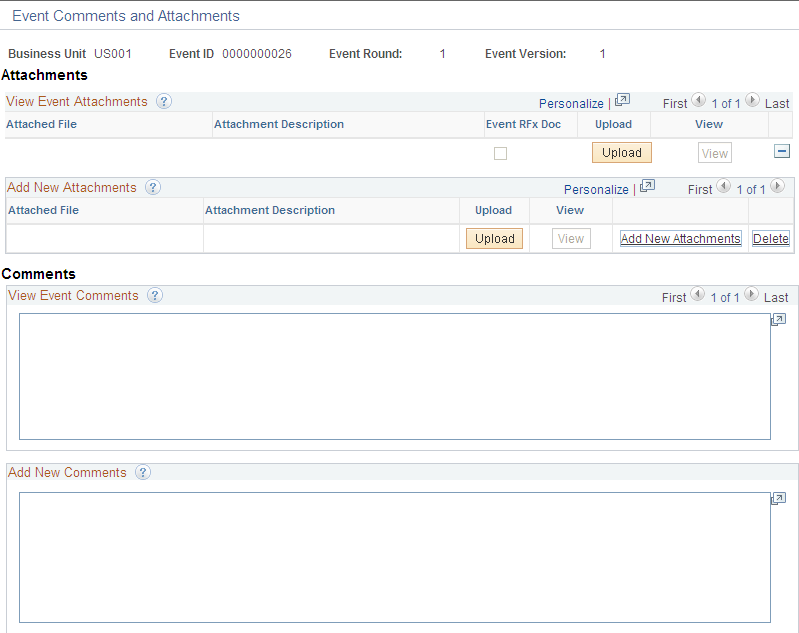 Create Bidder Response - Event Comments and Attachments page