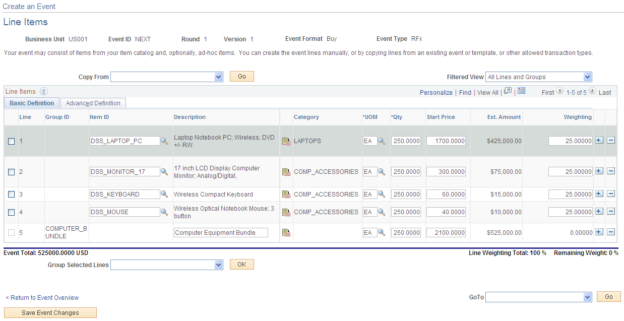 Line Items page - Basic Definition tab