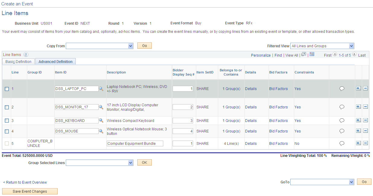 Line Items page - Advanced Definition tab