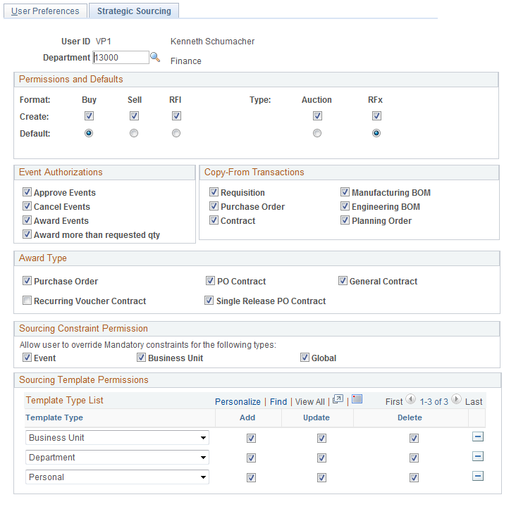 User Preferences - Strategic Sourcing page