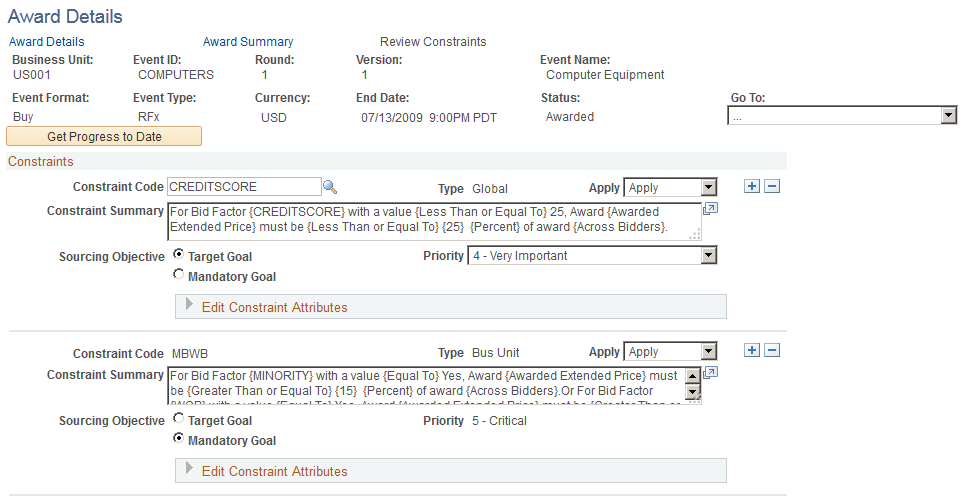 Analyze Events - Review Constraints page