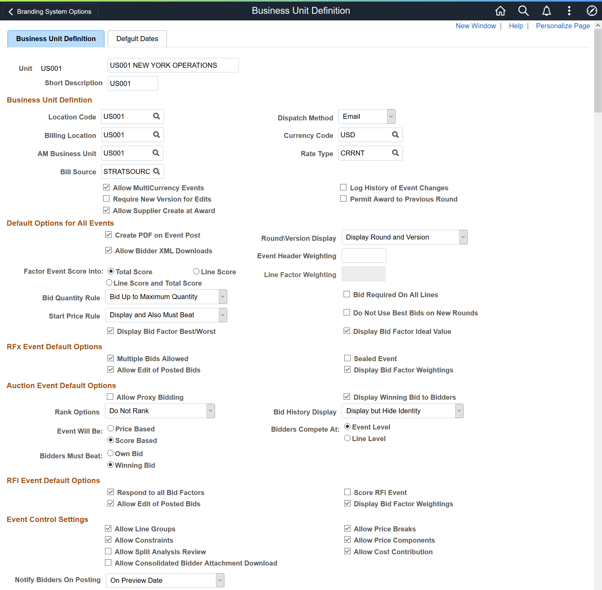 Sourcing - Business Unit Definition page (1 of 2)