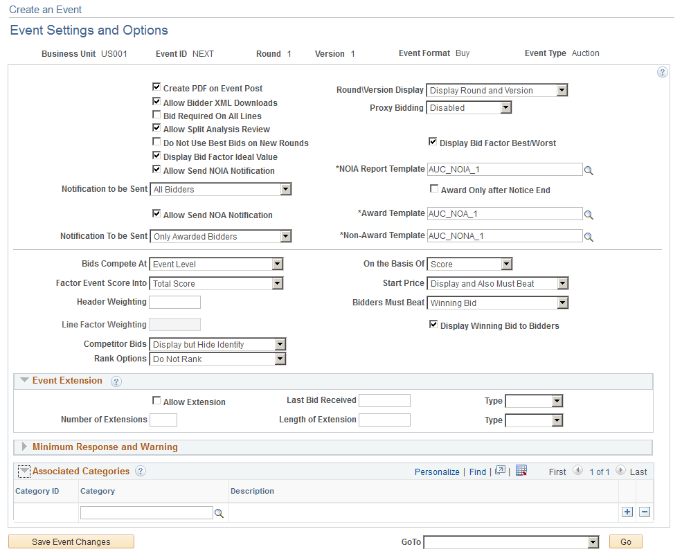 Event Settings and Options page (Auction)