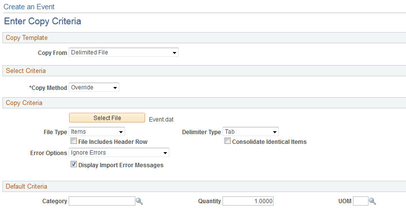 Enter Copy Criteria page (copy from delimited file)