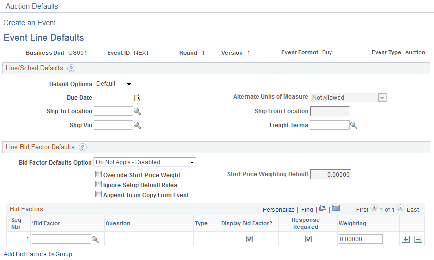 Event Line Defaults page