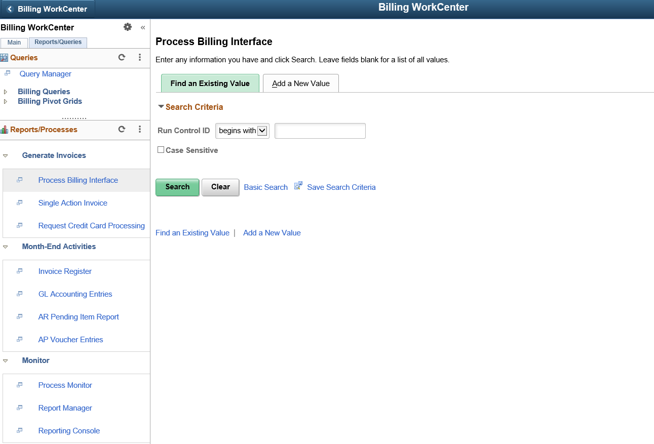 PeopleSoft Classic Billing WorkCenter Reports and Processes Pagelet