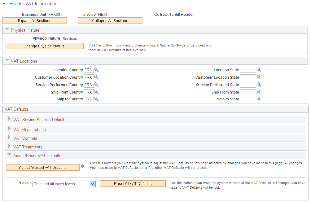 Bill Header VAT Information page