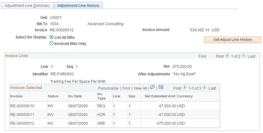 Adjustment Line History page