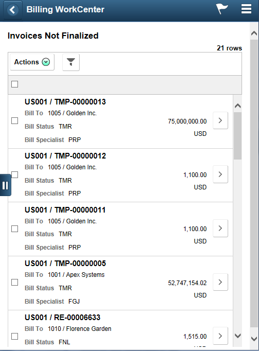 Invoices Not Finalized page (Fluid SFF)