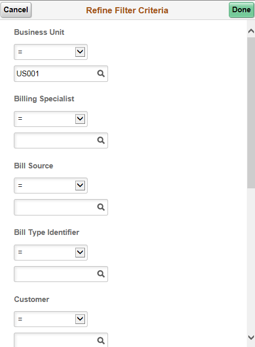 Refine Filter Criteria page (SFF) (1 of 2)