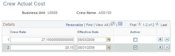 Crew Actual Cost page