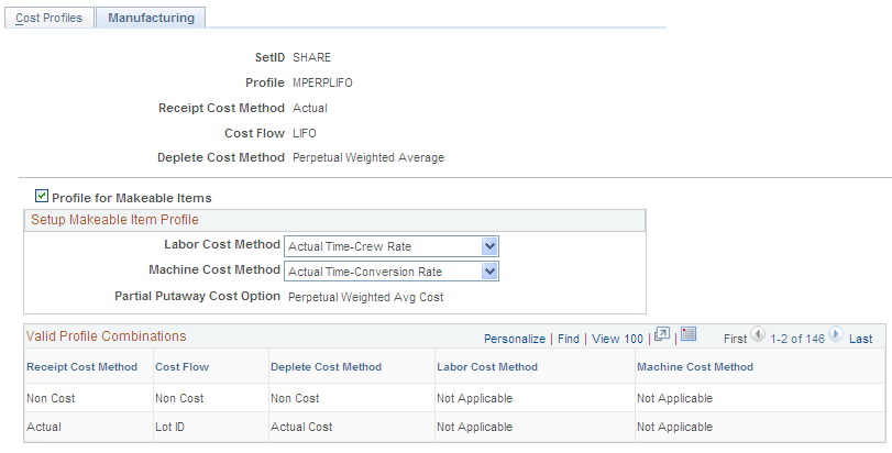 Cost Profiles - Manufacturing page