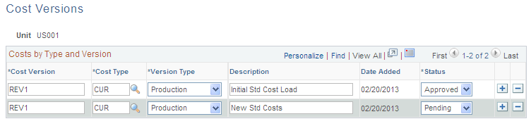 Cost Versions page