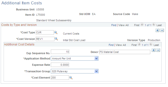 Additional Item Costs page