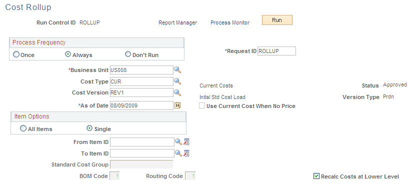 Cost Rollup page