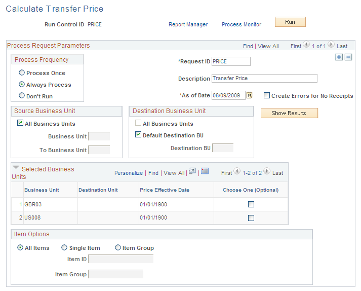 Calculate Transfer Price process page
