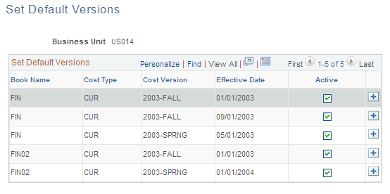 Set Default Versions page