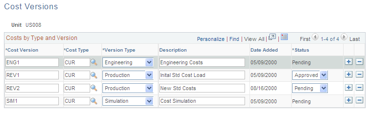 Cost Versions page