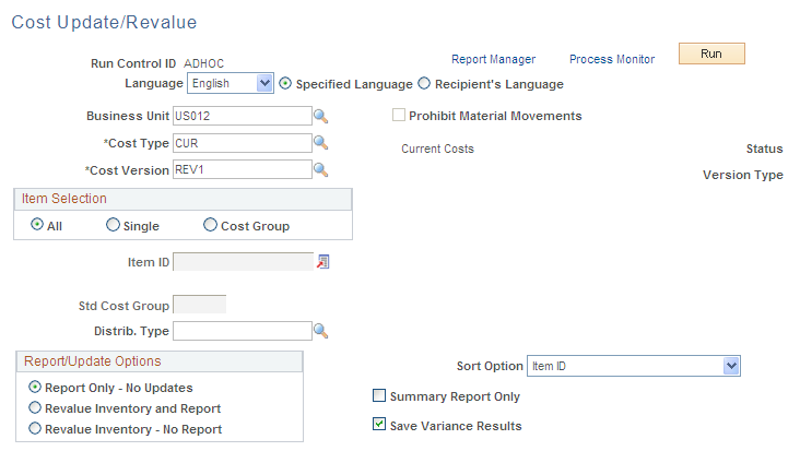 Cost Update/Revalue page