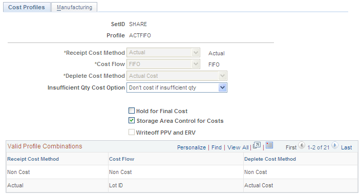 Cost Profiles page