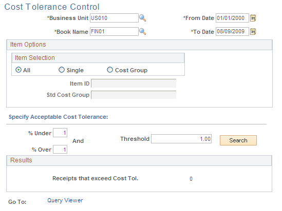 Cost Tolerance Control page