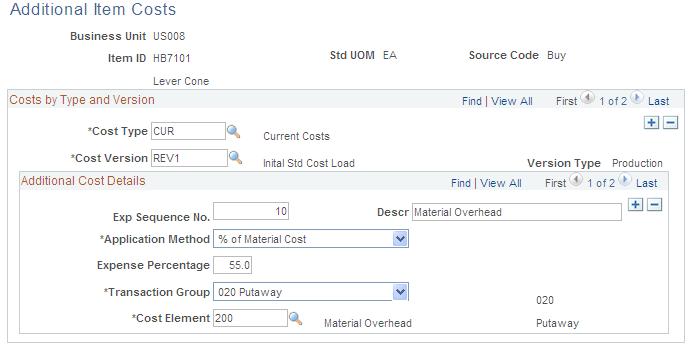 Additional Item Costs page