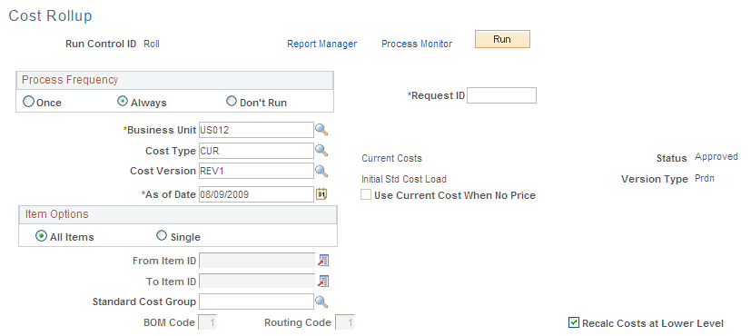 Cost Rollup page