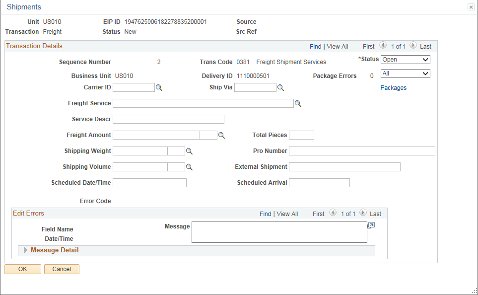 Transaction Maintenance- Freight: Shipments page