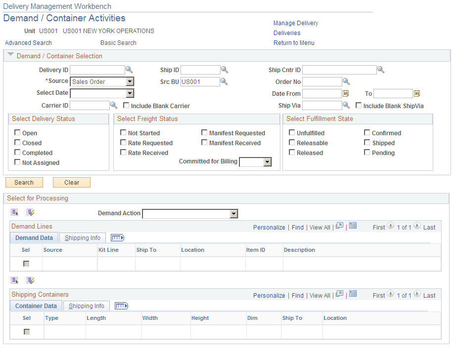 The Delivery Management Workbench- Demand / Container Selection page