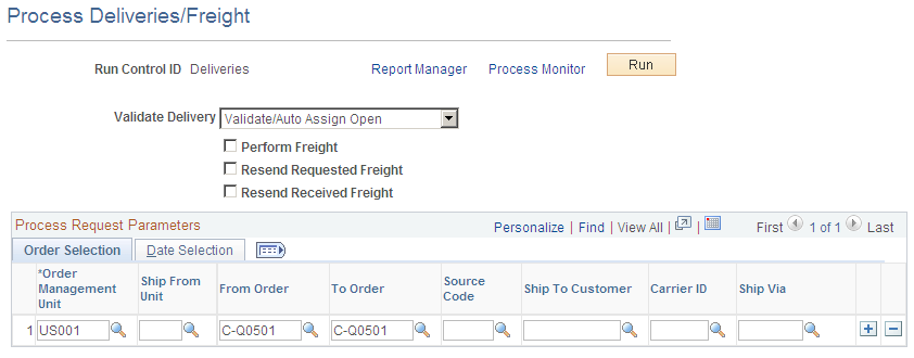 The Process Deliveries/Freight page in PeopleSoft Order Management