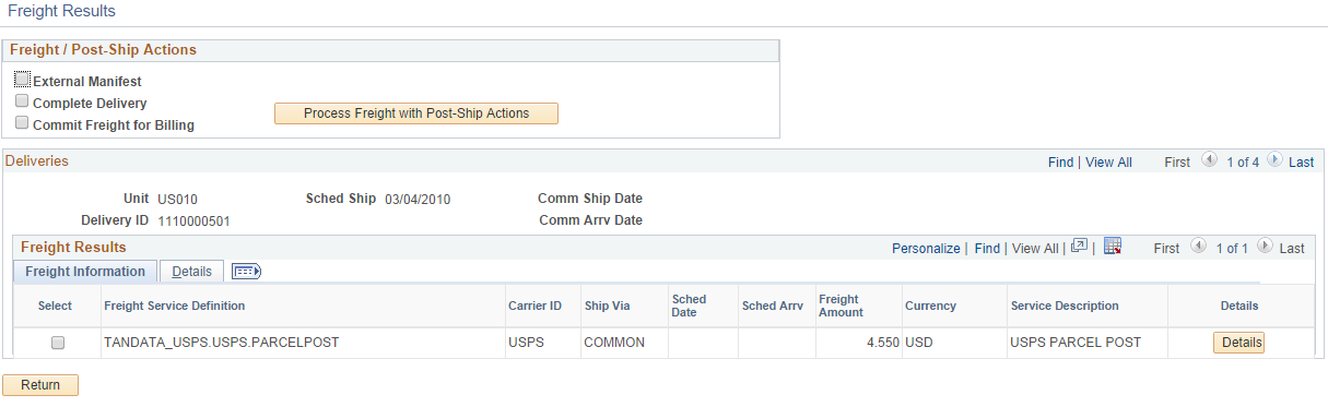 The Freight Results page using the rate shopping freight option