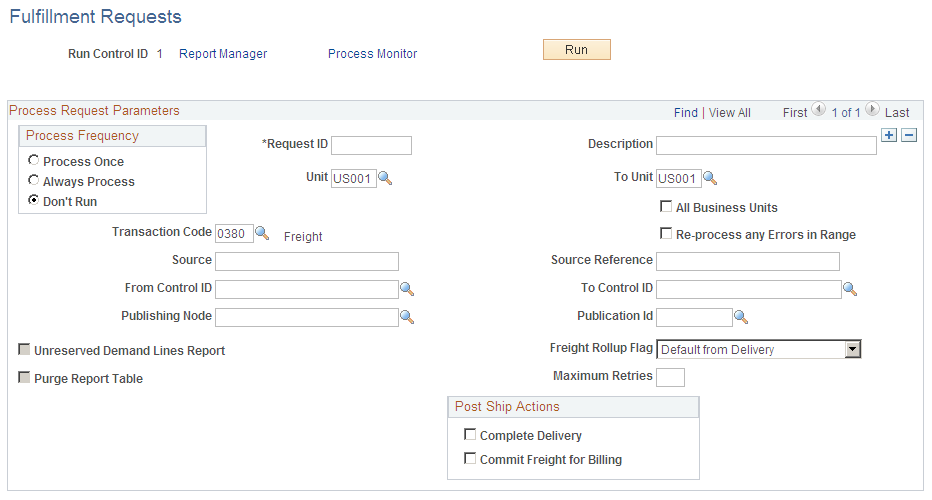 Fulfillment Requests process page using the 0380 transaction code