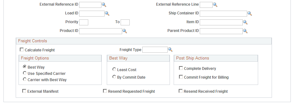 The Process Deliveries/Freight process page in PeopleSoft Inventory (2 of 2)